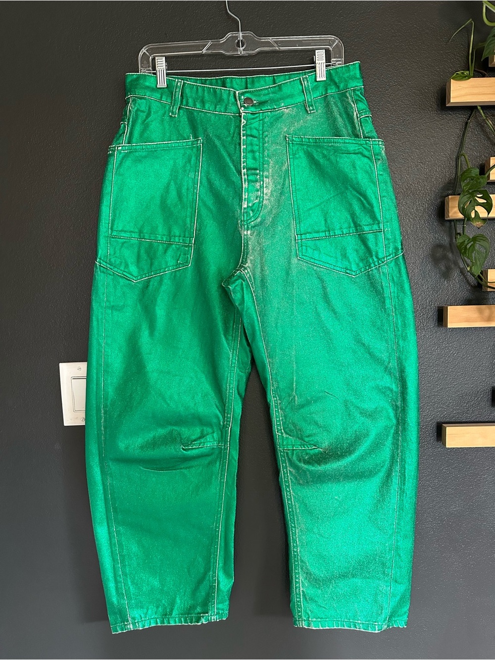 Free People Moxie Metallic Green Barrel Jeans Sample Factory Distressed NWOT 28 - Picture 4 of 15
